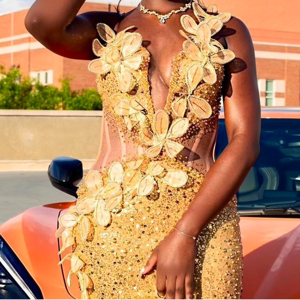 Gold Rhinestone Prom Dress